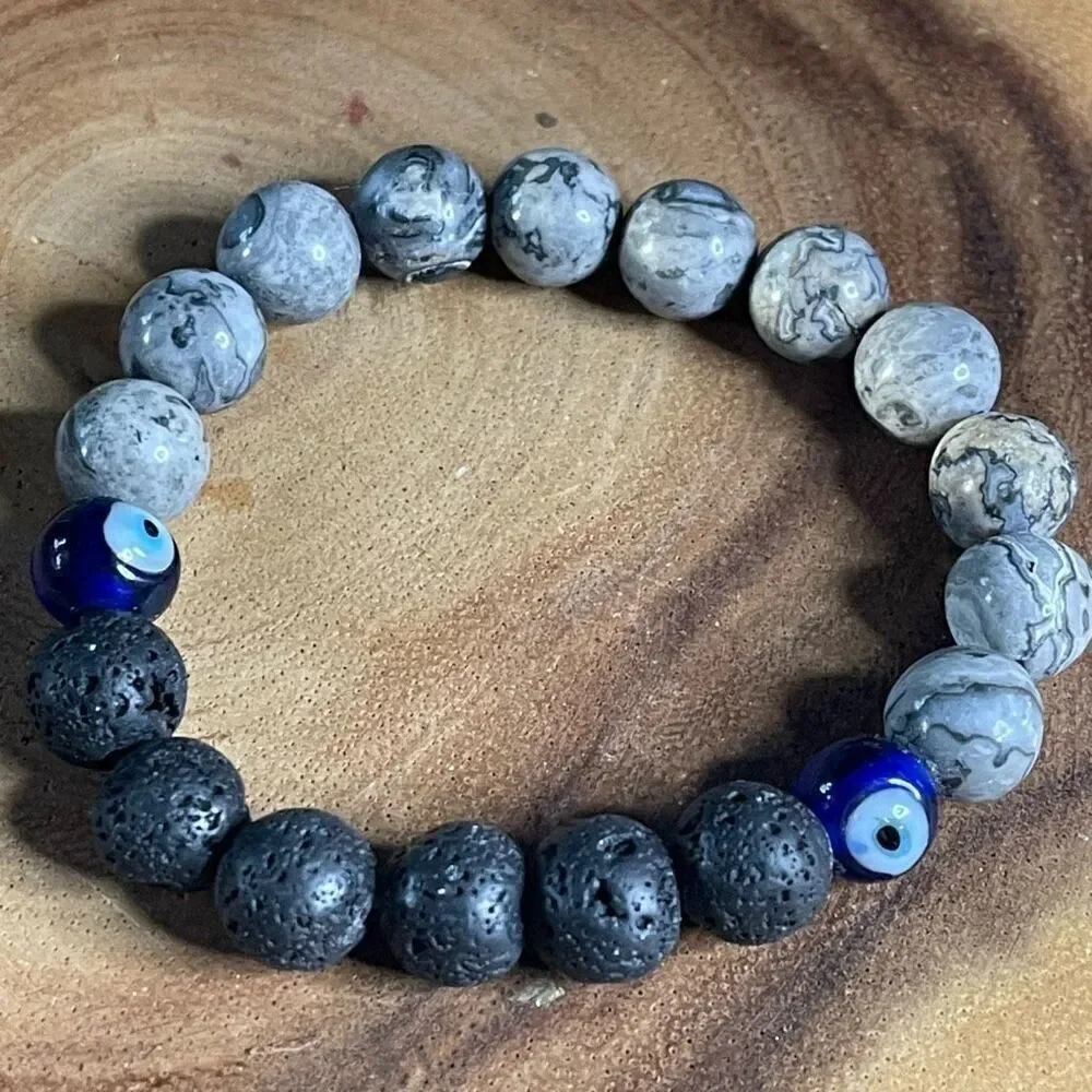 Picasso jasper lava evil eye 10mm stretch bracelet beaded bracelet 7” stretch cr